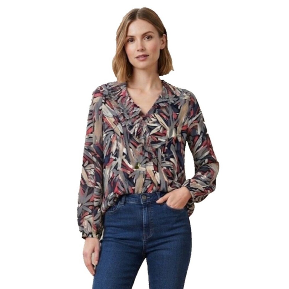 NIC+ZOE abstract print V-neck ruffle blouse - women’s long sleeve size S - NWOT
